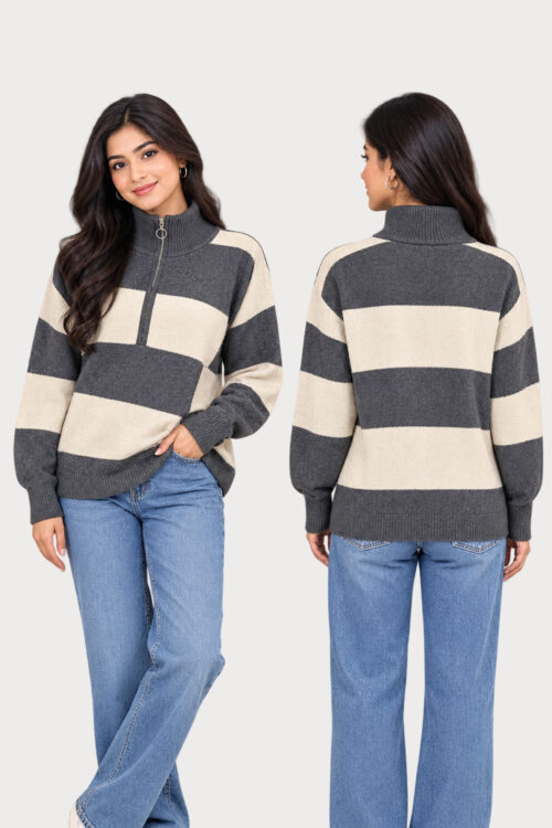 Women’s Grey & Cream Wide Striped Half-Zip Knit Sweater