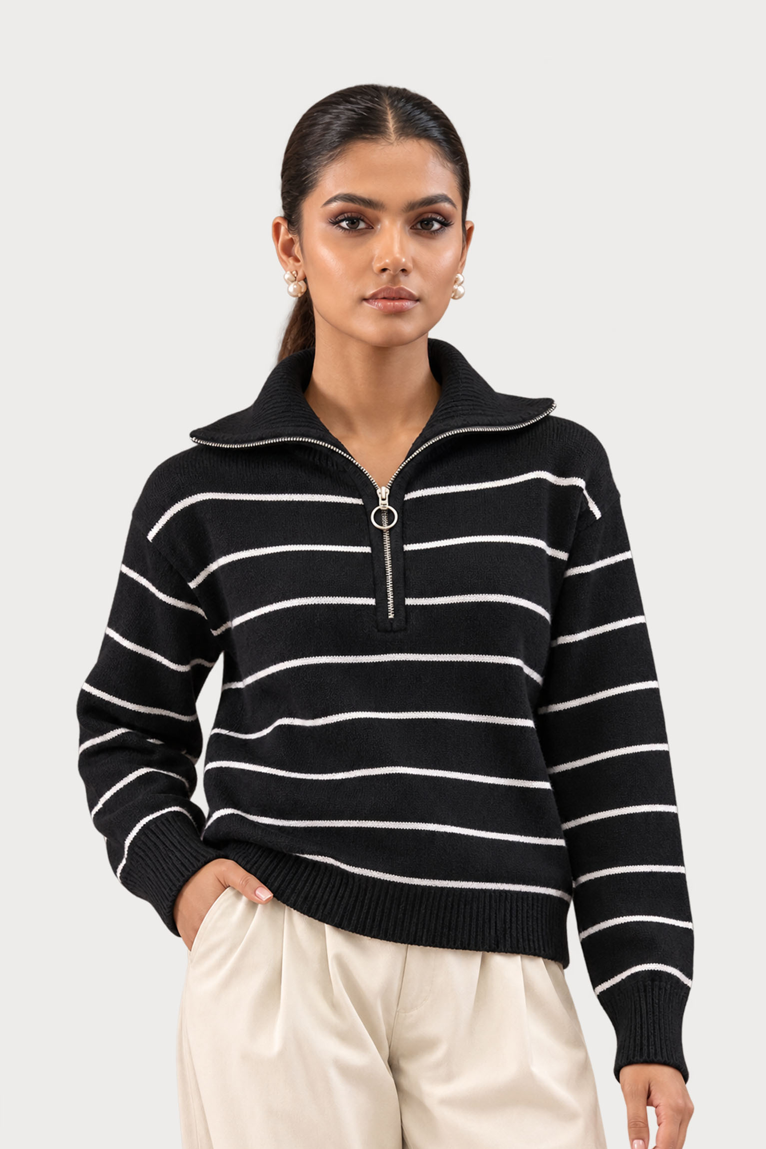 Women's Black & White Striped Half-Zip Knit Sweater - Image 2
